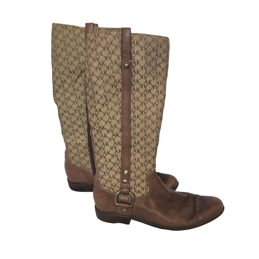 Anne Klein Brown Leather Monogram Jacquard Tall Riding Boots Y2K
